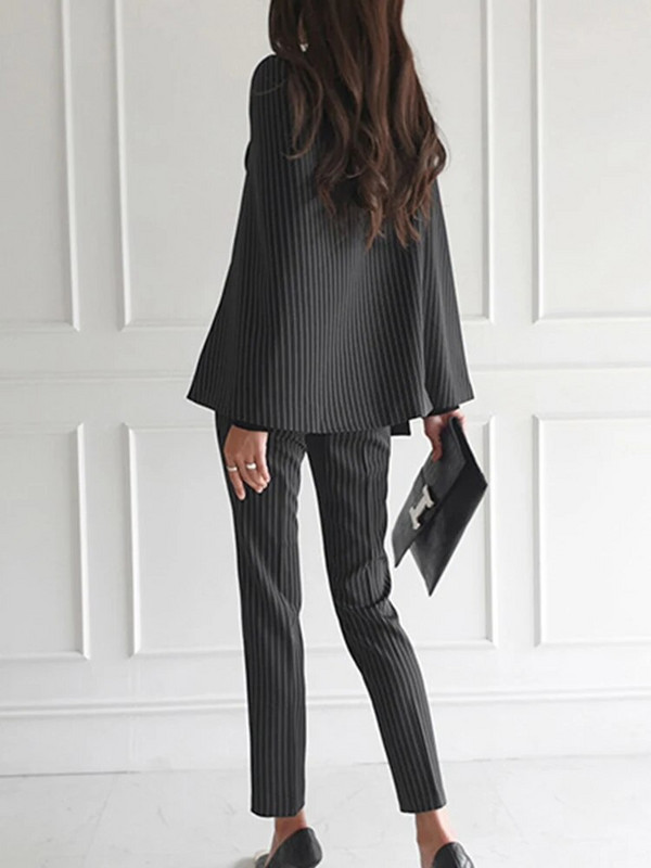 Proljetna Elegantna 2-dijelna odjeća Ženska formalna ležerna prugasta plašt s remenom Kaput Blazer Jakna Duge hlače Odijela s hlačama Poslovni kompleti