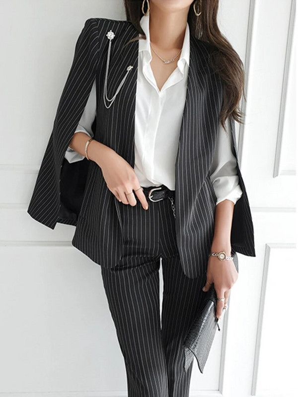 Proljetna Elegantna 2-dijelna odjeća Ženska formalna ležerna prugasta plašt s remenom Kaput Blazer Jakna Duge hlače Odijela s hlačama Poslovni kompleti