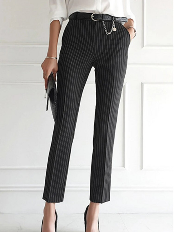 Proljetna Elegantna 2-dijelna odjeća Ženska formalna ležerna prugasta plašt s remenom Kaput Blazer Jakna Duge hlače Odijela s hlačama Poslovni kompleti