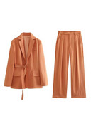 TRAF Ljetni ženski jednobojni sako odijela 2023. Nova uredska dama Metalna kopča Dekoracija Kaput dugih rukava s remenom Hlače pune dužine