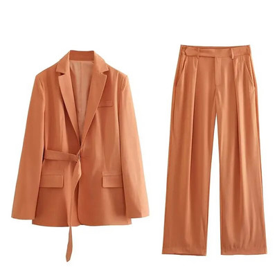TRAF Ljetni ženski jednobojni sako odijela 2023. Nova uredska dama Metalna kopča Dekoracija Kaput dugih rukava s remenom Hlače pune dužine