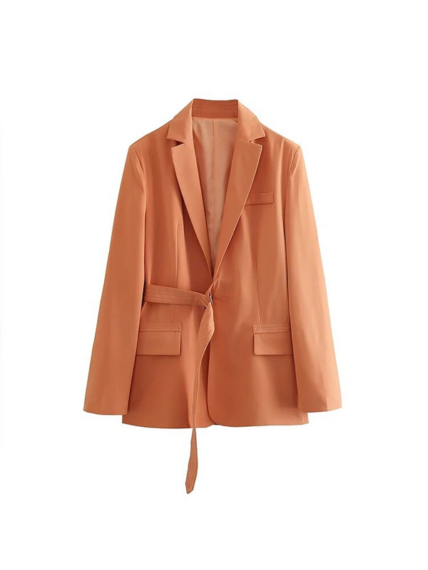 TRAF Ljetni ženski jednobojni sako odijela 2023. Nova uredska dama Metalna kopča Dekoracija Kaput dugih rukava s remenom Hlače pune dužine