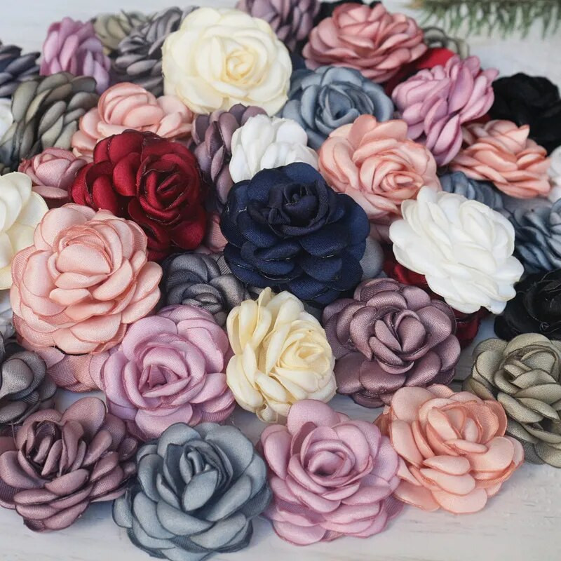 10 gab. 3,5 CM roku darbs, satīns, mazs rozes audums, mākslīgais zieds DIY galvassegu aksesuāriem kāzu kleitu apģērba dekors