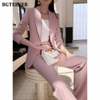 BGTEEVER Ανοιξιάτικο Γυναικείο Σετ 2 τεμαχίων Blazer Σετ μακρυμάνικο κοστούμι μονό κουμπί και ίσια παντελόνια Κομψά γυναικεία παντελόνια