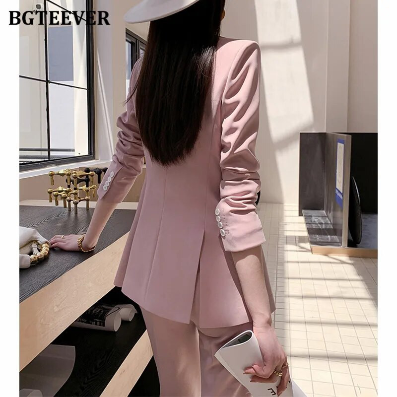 BGTEEVER Proljetni ženski komplet sakoa od 2 komada dugih rukava, jakne s jednim gumbom i ravne hlače, elegantna ženska odijela s hlačama