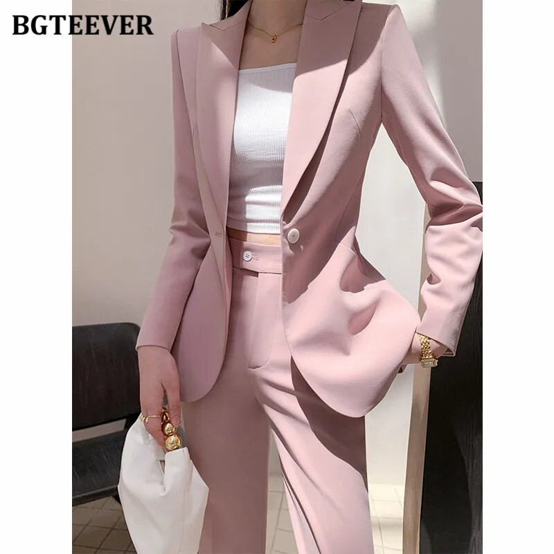 BGTEEVER Proljetni ženski komplet sakoa od 2 komada dugih rukava, jakne s jednim gumbom i ravne hlače, elegantna ženska odijela s hlačama