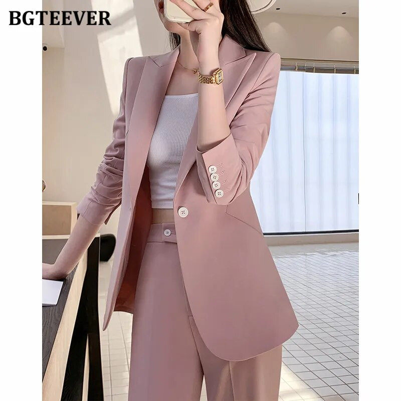 BGTEEVER Proljetni ženski komplet sakoa od 2 komada dugih rukava, jakne s jednim gumbom i ravne hlače, elegantna ženska odijela s hlačama