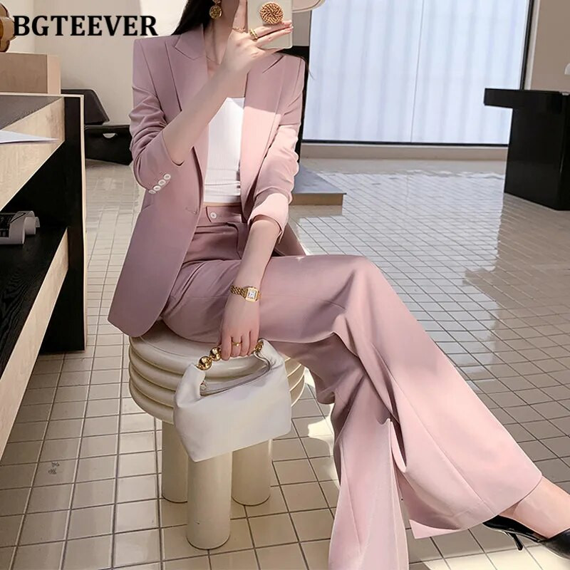 BGTEEVER Proljetni ženski komplet sakoa od 2 komada dugih rukava, jakne s jednim gumbom i ravne hlače, elegantna ženska odijela s hlačama