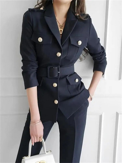 Bālbalti melni bikškostīmi divi gab. komplekti Sieviešu bikškostīmi aprikožu biznesa divrindu pogas, deviņi žakešu bikses, formāli tērpi