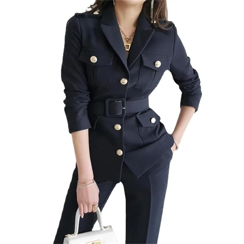 Bālbalti melni bikškostīmi divi gab. komplekti Sieviešu bikškostīmi aprikožu biznesa divrindu pogas, deviņi žakešu bikses, formāli tērpi