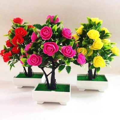 Plantă cu flori artificiale, trandafir în ghiveci, Bonsai, birou, grădină, ornament pentru birou, decor Flori artificiale în ghiveci pentru decorarea interioară
