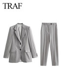 TRAF 2023 Modni jesenski ženski kaput na rever Sivi kaput sa jaknom dugih rukava Ženska odjeća Novi elegantni komplet sakoa