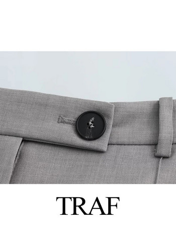TRAF 2023 Fashion Φθινοπωρινό γυναικείο παλτό με πέτο Γκρι μακρυμάνικο παλτό σακάκι γυναικείο ρούχο Νέο κομψό σετ σακάκι