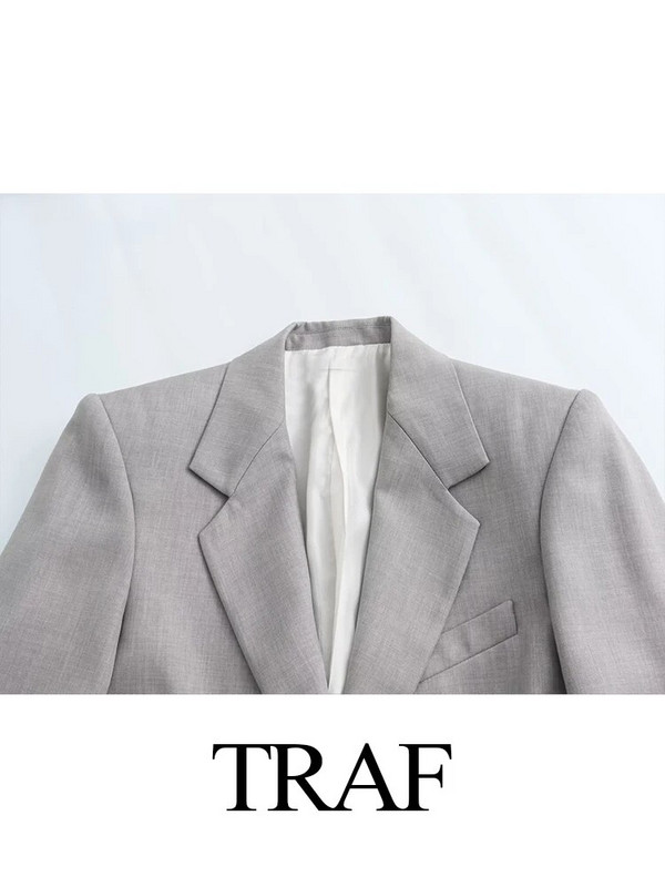 TRAF 2023 Modni jesenski ženski kaput na rever Sivi kaput sa jaknom dugih rukava Ženska odjeća Novi elegantni komplet sakoa