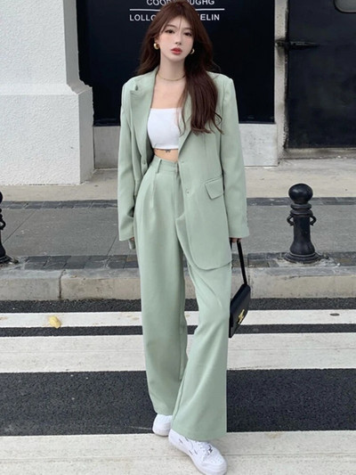 Kostiumo komplektas Moteriškas vienaeilis švarkas su aukštu juosmeniu kelnės, dviejų dalių komplektai Moteriški aprangos komplektai Biuro Moteriai Oficiali Korėjos mada