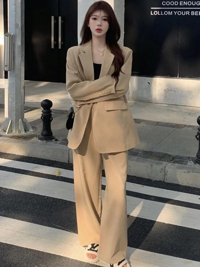 Kostiumo komplektas Moteriškas vienaeilis švarkas su aukštu juosmeniu kelnės, dviejų dalių komplektai Moteriški aprangos komplektai Biuro Moteriai Oficiali Korėjos mada