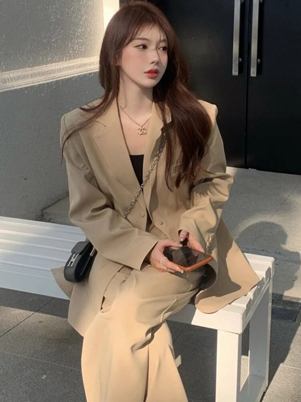 Kostiumo komplektas Moteriškas vienaeilis švarkas su aukštu juosmeniu kelnės, dviejų dalių komplektai Moteriški aprangos komplektai Biuro Moteriai Oficiali Korėjos mada