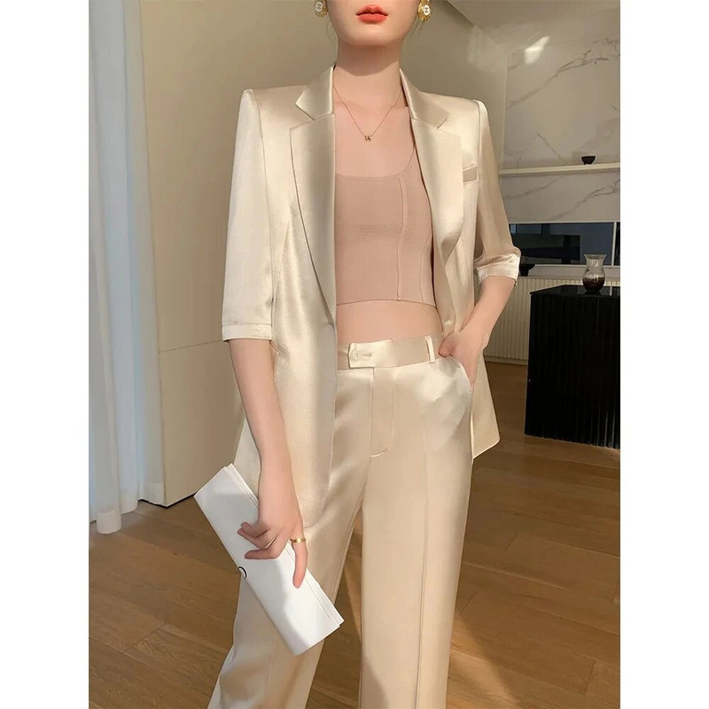2023 m. vasaros pavasaris, naujas vienos sagos pusrankovės švarkas, laisvalaikio dviejų dalių elegantiškas moteriškas kelnių biuro kostiumas