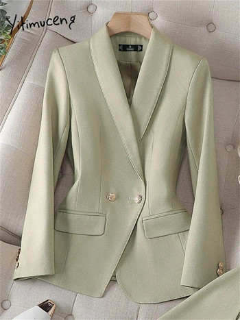 Yitimuceng Κορεατικά Γυναικεία Ενδύματα Γραφείου Σετ 2 τεμαχίων Μακρύ μανίκι με διπλό στήθος casual μπλέιζερ παλτό Ψηλόμεσο Σετ παντελόνι