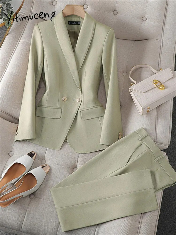 Yitimuceng korejska uredska odjeća Ženska dvodijelna garnitura s dvostrukim kopčanjem i dugim rukavima Ležerni sakoi Kaputi visokog struka Komplet hlača