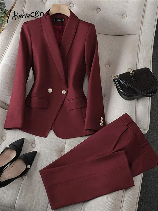 Yitimuceng korejska uredska odjeća Ženska dvodijelna garnitura s dvostrukim kopčanjem i dugim rukavima Ležerni sakoi Kaputi visokog struka Komplet hlača