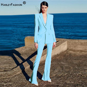 Debeszils, vienas pogas stingrs žakete, uzliesmojošas bikses, sieviešu komplekts Elegants biroja sieviešu mēteļa bikškostīms