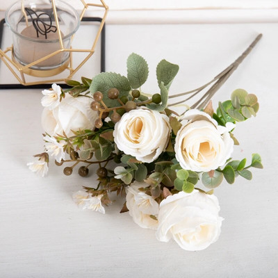 Retro kafija mākslīgā zīda ziedi baltā roze Ziemassvētku kāzas mājas istabas dekorēšana foto rekvizīti Rudens dārzs arka viltots zieds