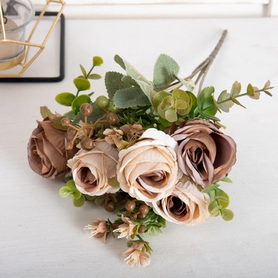 Retro kafija mākslīgā zīda ziedi baltā roze Ziemassvētku kāzas mājas istabas dekorēšana foto rekvizīti Rudens dārzs arka viltots zieds