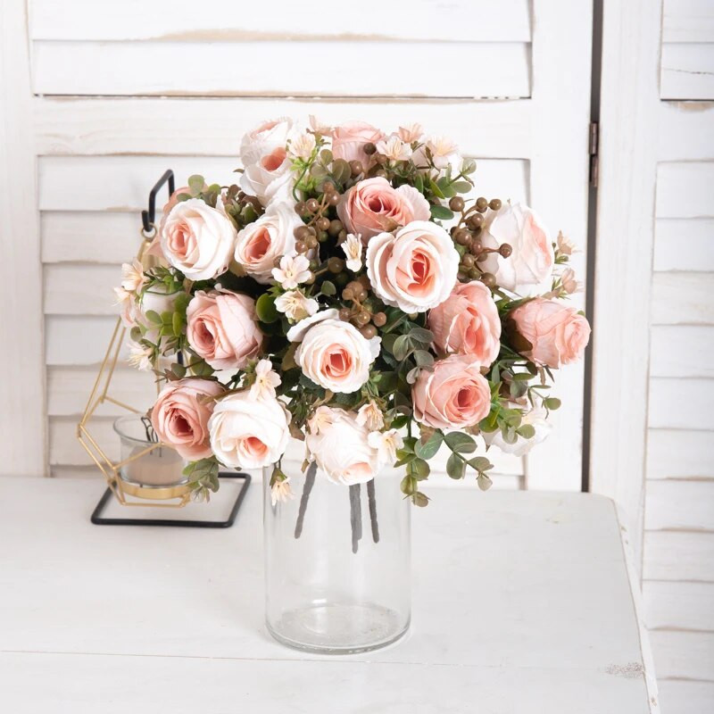 Retro kafija mākslīgā zīda ziedi baltā roze Ziemassvētku kāzas mājas istabas dekorēšana foto rekvizīti Rudens dārzs arka viltots zieds