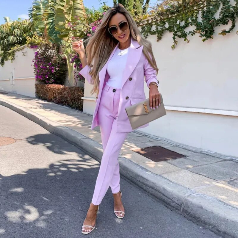 Sieviešu divu daļu žakešu komplekts 2023. gada jauns, elegants sieviešu bikšu komplekts un bleizera atbilstošs komplekts ar garām piedurknēm biroja sieviešu ielas apģērba elegants uzvalks