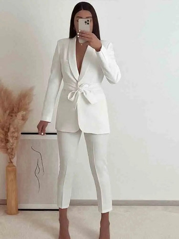 TRAF Γυναικείο Blazer Σετ Γυναικεία Κοστούμια 2 τεμαχίων 2023 Νέα Μόδα με Ζώνη Σετ Office Blazer Κομψά παντελόνια δύο τεμάχια γυναικεία ρούχα