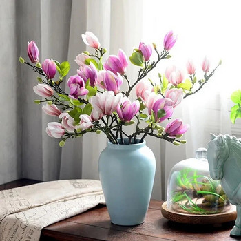 Нов изкуствен клон от цвете на магнолия за декорация на домашна всекидневна Фалшива коприна Растение Симулация на сватбено парти Букет цветя