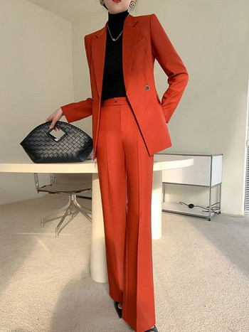 Circyy Κοστούμι για Γυναικεία Ρούχα Γραφείου Κορεατικής μόδας 2023 Νέα μονόχρωμα μακρυμάνικα διπλά μπλέιζερ + ψηλόμεσο παντελόνι