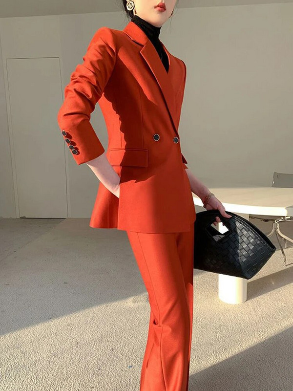 Circyy odijelo za žene Uredska odjeća 2023. Korejska moda Novi jednobojni sakoi s dvostrukim kopčanjem dugih rukava + odijela s hlačama visokog struka