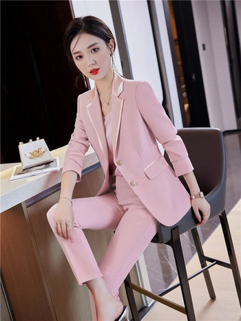 Γυναικείες κομψές φόρμες παντελονιών σακάκι δύο τεμαχίων γραφείο Γυναικείο commuter Λευκό ροζ επαγγελματικό μπλέιζερ + παντελόνι Επίσημο κοστούμι