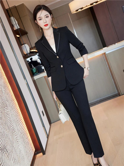 Ženski elegantni blejzer odijela s hlačama, dvodijelni komplet za uredske dame, bijelo ružičasti poslovni spojeni blejzer + hlače, formalno odijelo