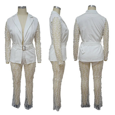 Sieviešu skrejceļa masīvi mežģīņu divdaļīgie komplekti Sexy V-veida kakla vērtnes žakete ar augstu vidukli Mežģīnes caurredzami uzliesmojošu bikšu komplekti