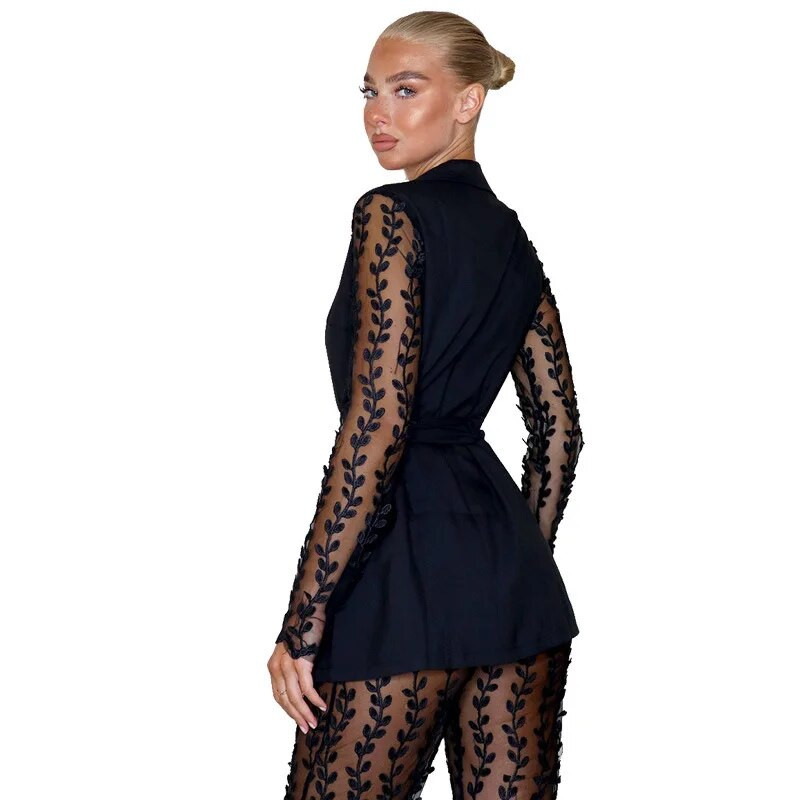 Sieviešu skrejceļa masīvi mežģīņu divdaļīgie komplekti Sexy V-veida kakla vērtnes žakete ar augstu vidukli Mežģīnes caurredzami uzliesmojošu bikšu komplekti