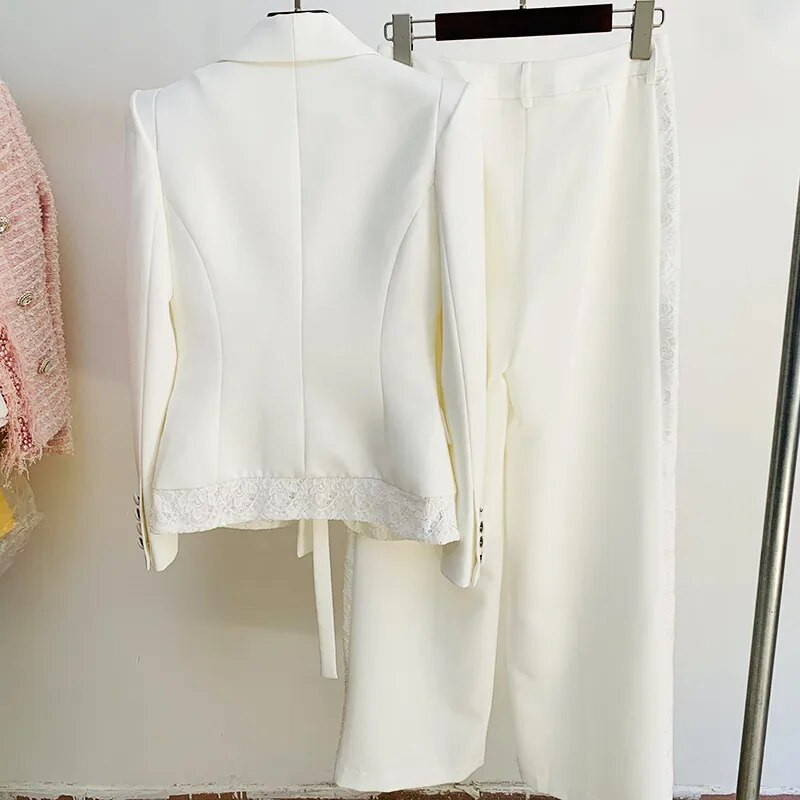 HarleyFashion Lxury Designer európai, stílusos fehér csipke patchwork blézer, széles szárú nadrág High Street 2 darabos szettek női öltönyök
