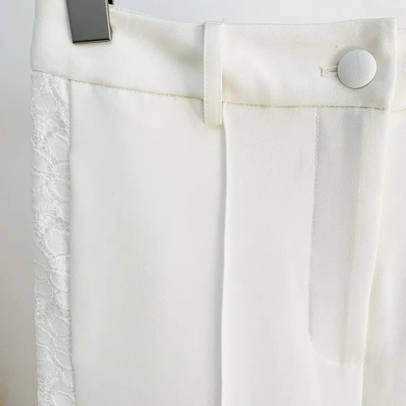 HarleyFashion Lxury Designer európai, stílusos fehér csipke patchwork blézer, széles szárú nadrág High Street 2 darabos szettek női öltönyök