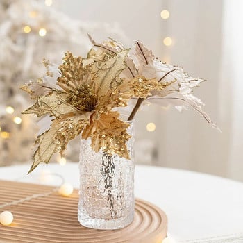 Τεχνητά λουλούδια τριαντάφυλλα ψεύτικα λουλούδια Χριστουγεννιάτικα στολίδια αποκριάτικου πάρτι Χρυσό γκλίτερ Χριστουγεννιάτικο δέντρο για δώρα διακόσμησης σπιτιού Αξεσουάρ