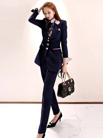 Κορεάτικα κοστούμια 2 τεμαχίων Γυναικείες κομψές ιδιοσυγκρασίες Επίσημες μονές μπλούζες με στήθος Παλτό blazer κοστούμι Παντελόνι Μακριά παντελόνια λεπτά σετ