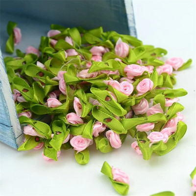 100/300 kom Mini satenska vrpca Cvijet Svilena vrpca s glavom ruže DIY Vjenčane mašne Appliques Zanatski šivanje Odjevni dodaci Dekoracija