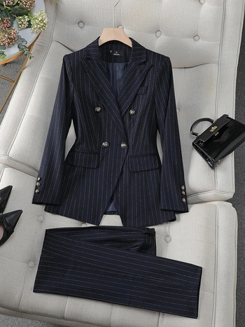 Μπλε μαύρο ριγέ γυναικείο επίσημο κοστούμι παντελόνι Γυναικείο επαγγελματικό φόρεμα μακρυμάνικο 2 τεμάχια σακάκι και παντελόνι