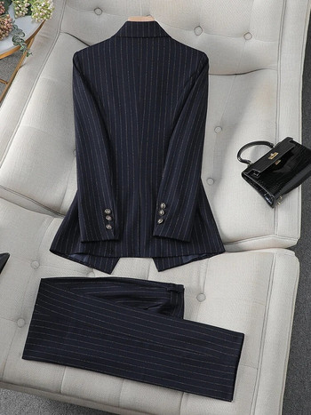 Μπλε μαύρο ριγέ γυναικείο επίσημο κοστούμι παντελόνι Γυναικείο επαγγελματικό φόρεμα μακρυμάνικο 2 τεμάχια σακάκι και παντελόνι