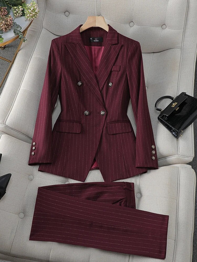 Plavi crni prugasti ženski svečani komplet s hlačama Ženska ženska poslovna radna odjeća 2-dijelni sako i hlače dugih rukava