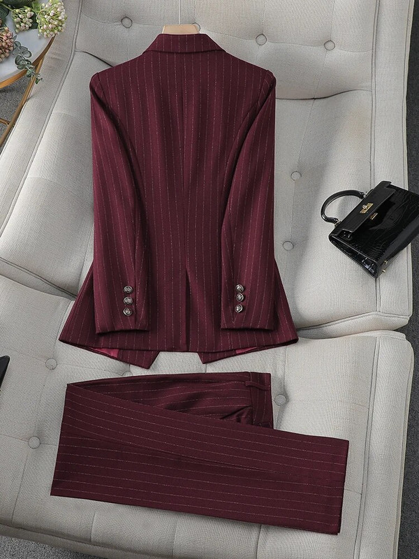 Plavi crni prugasti ženski svečani komplet s hlačama Ženska ženska poslovna radna odjeća 2-dijelni sako i hlače dugih rukava