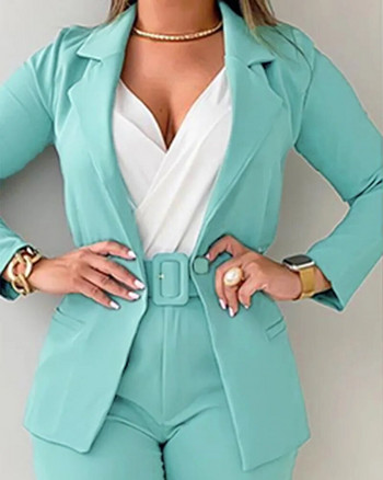 Σετ μπλέιζερ και παντελόνι Γυναικείο κοστούμι γραφείου δύο τεμαχίων 2023 Casual μονόχρωμο παλτό με κουμπιά και παντελόνι με ζώνη