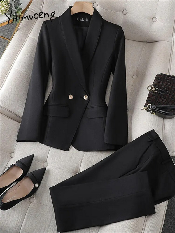 Yitimuceng korejska uredska odjeća Ženski dvodijelni set s dvostrukim kopčanjem Ležerni sako dugih rukava Kaputi visokog struka Komplet hlača