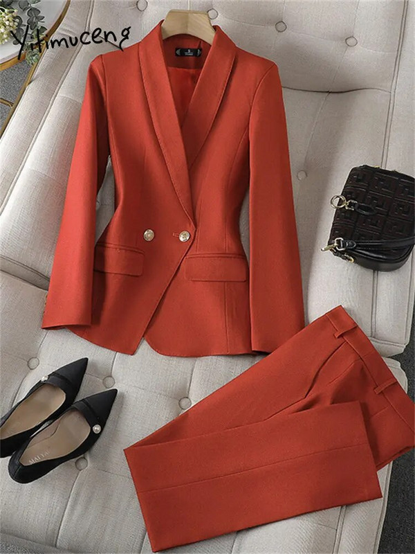 Yitimuceng korejska uredska odjeća Ženski dvodijelni set s dvostrukim kopčanjem Ležerni sako dugih rukava Kaputi visokog struka Komplet hlača